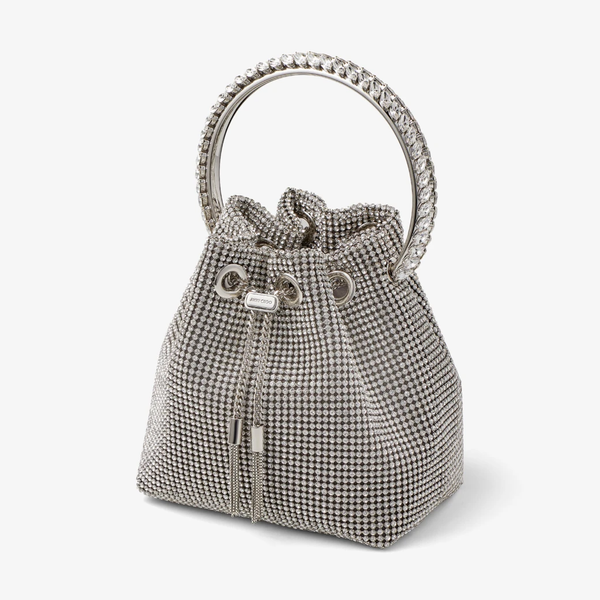 【BIG SALE 開催中】JIMMY CHOO(ジミー チュウ)クリスタルハンドル付き Silver サテンクリスタルメッシュ・バッグ